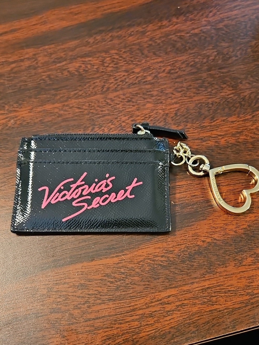 Victoria's Secret Black Cardholder with Pink Script and Gold Heart Keyring